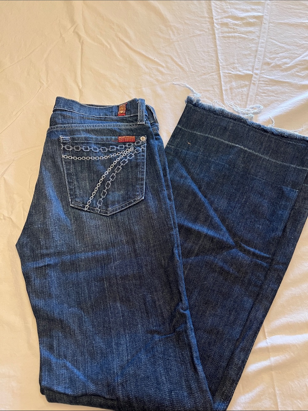 7 For All Mankind Dark Blue Embroidered Flare Jeans